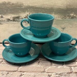 Set of Three Fiesta Turquoise Cups and Saucers